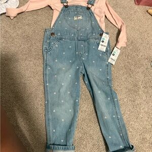 OshKosh B'gosh Blue Overalls with Pink Hearts & Shirt